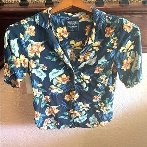 Abercrombie & Fitch Tropical Floral Button Down Shirt Navy and Yellow Womens XS